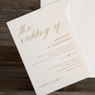 Simple Delicate Gold and Ivory Script Wedding Invitation