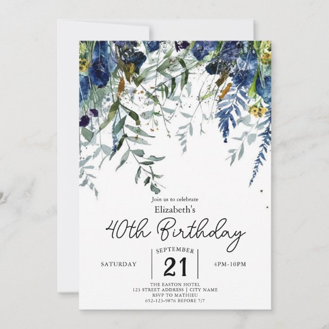 Simple Delicate Wildflowers 40th birthday Invitation (Front)
