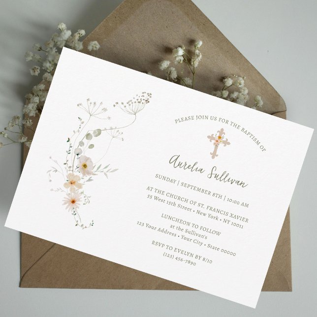 Simple Delicate Wildflowers Bouquet Baptism Invitation (Creator Uploaded)