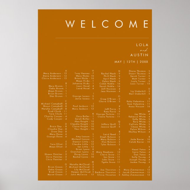 Simple Desert | Burnt Orange Alphabetical Seating Poster (Front)