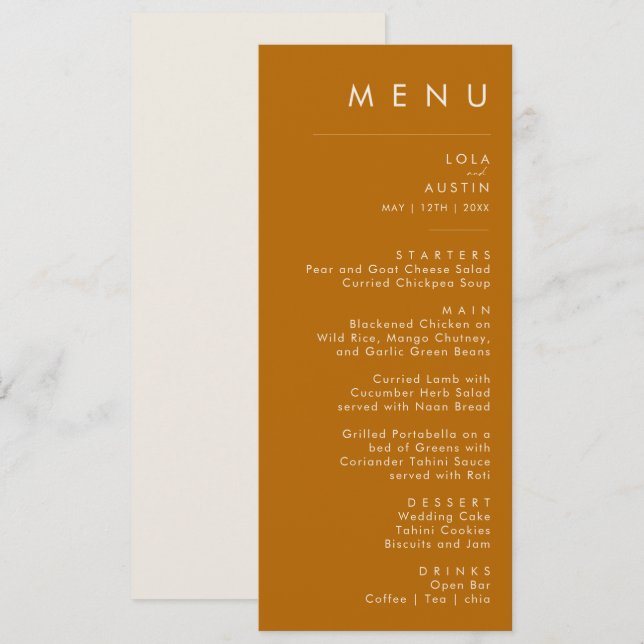 Simple Desert | Burnt Orange Wedding Dinner Menu (Front/Back)