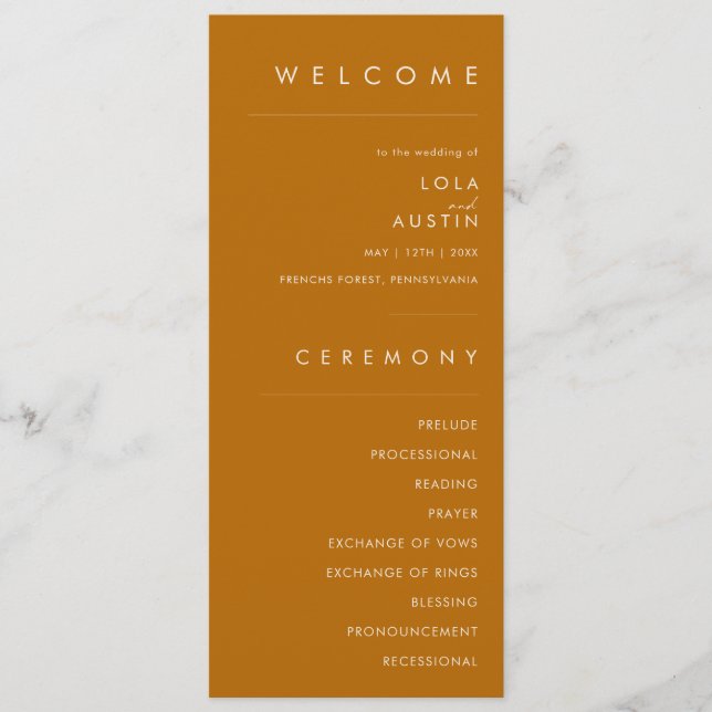 Simple Desert | Burnt Orange Wedding Program Programme (Front)