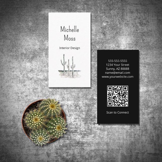Simple Desert Cactus QR code Black White Business Card (Creator Uploaded)