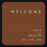 Simple Desert | Dark Cinnamon Wedding Welcome Square Sticker<br><div class="desc">This Simple Desert | Dark Cinnamon wedding welcome square sticker is exactly what you're looking for to complete your modern rustic boho wedding. Perfect for either a vintage minimalist western vibe or a retro fall bohemian feel. The minimal natural white script truly pops with this colourful autumn background. You can...</div>