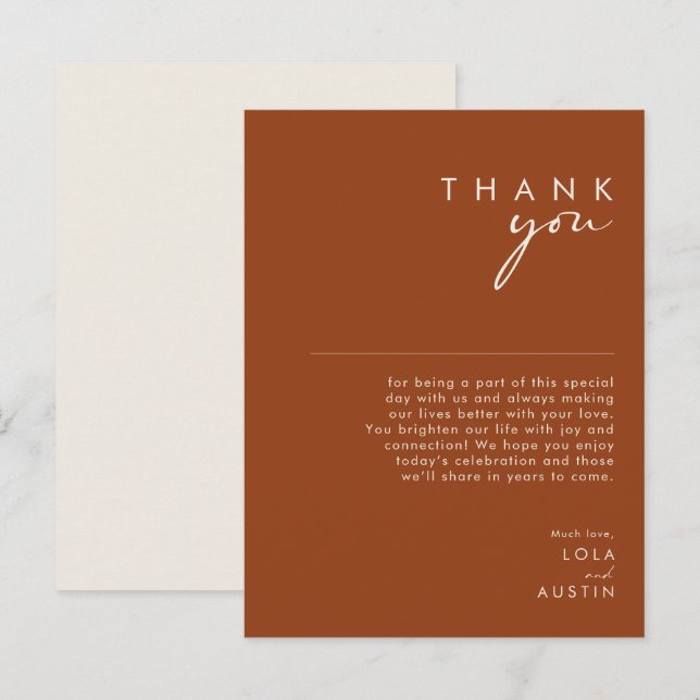 Simple Desert Terracotta Reception Thank You Card (Front/Back)