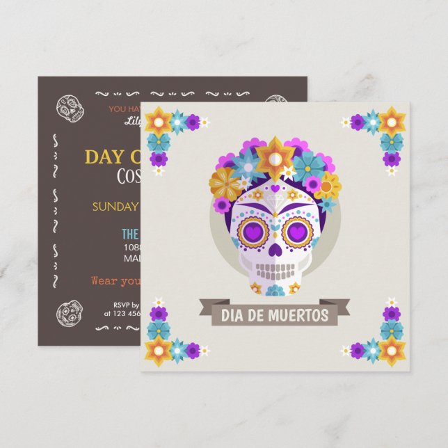 Simple Dia de los Muertos Floral Skull Invitation (Front/Back)
