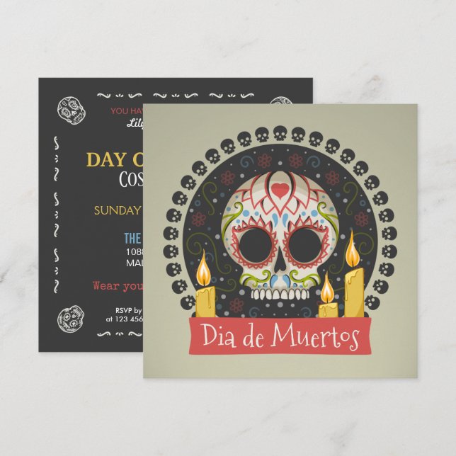 Simple Dia de Muertos Skull and Candles Invitation (Front/Back)