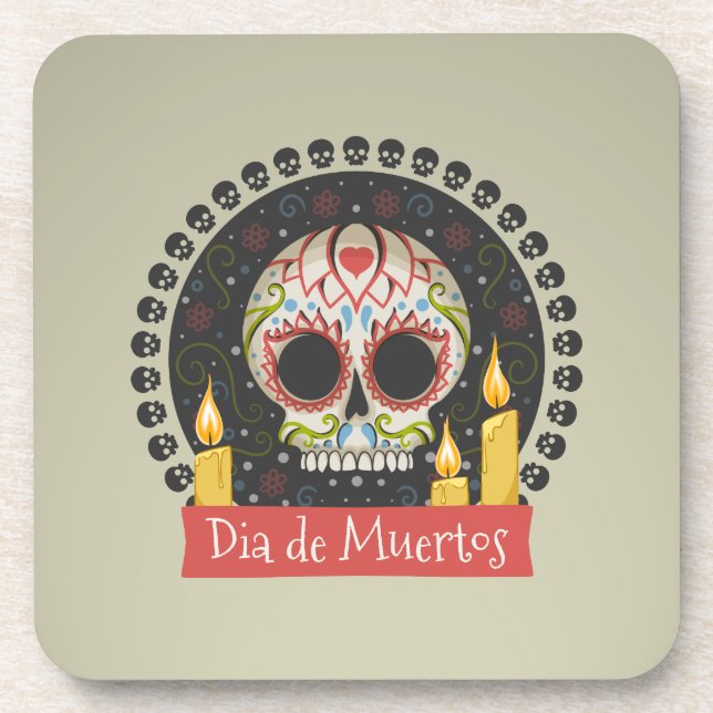 Simple Dia de Muertos Skull & Candles Coaster (Front)