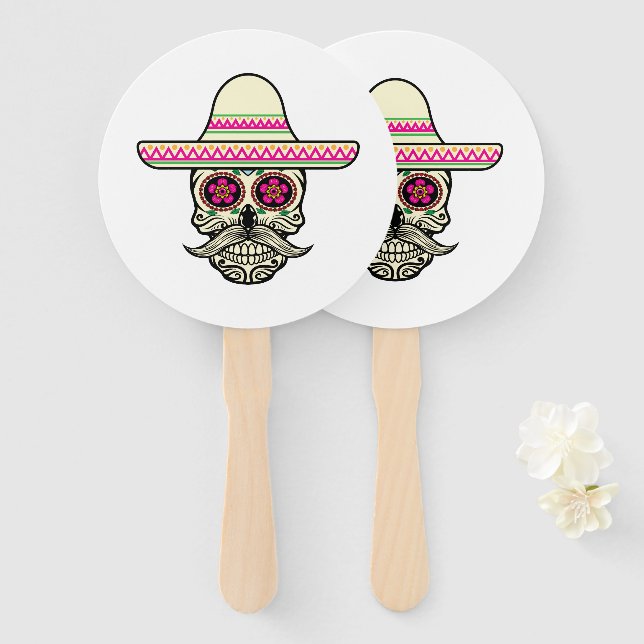 Simple Dia de Muertos Skull with Hat | Hand Fan (Front and Back)
