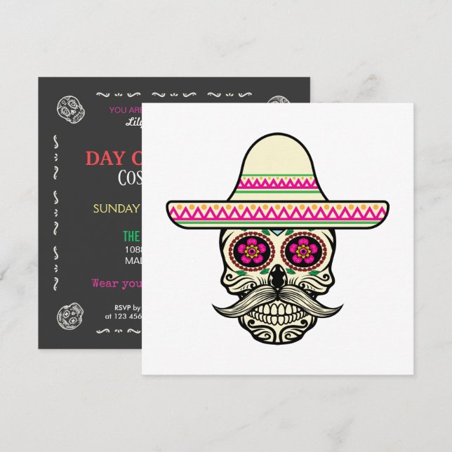 Simple Dia de Muertos Skull with Hat Invitation (Front/Back)