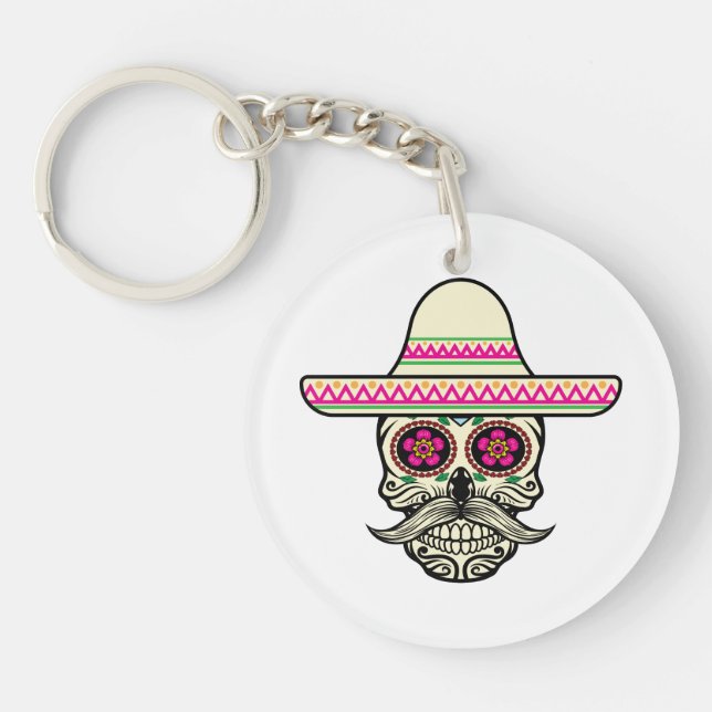 Simple Dia de Muertos Skull with Hat | Keychain (Front)