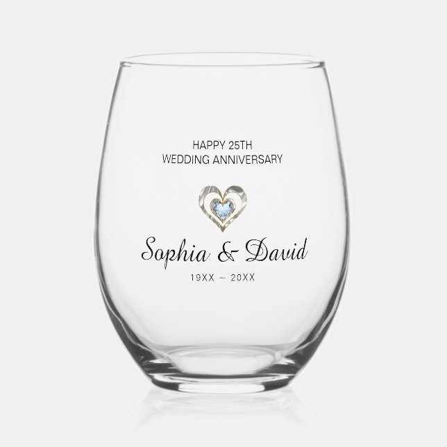 Simple Diamond Heart Wedding Anniversary Stemless Wine Glass (Front)