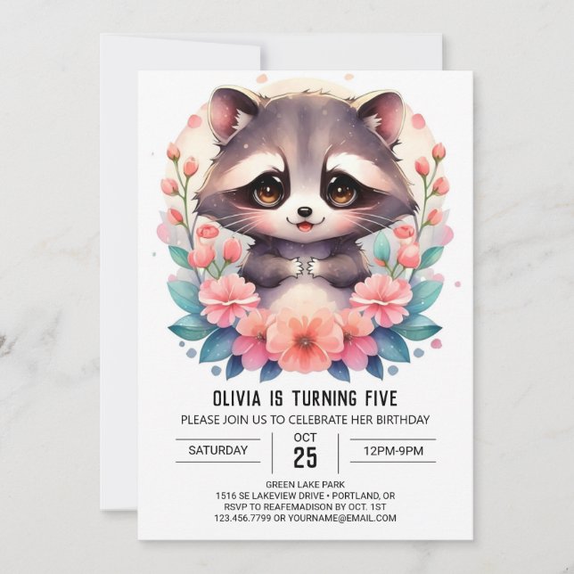 Simple Digital Racoon Girl Birthday Invitation (Front)