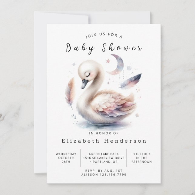 Simple Digital Swan Baby Shower Invitation (Front)