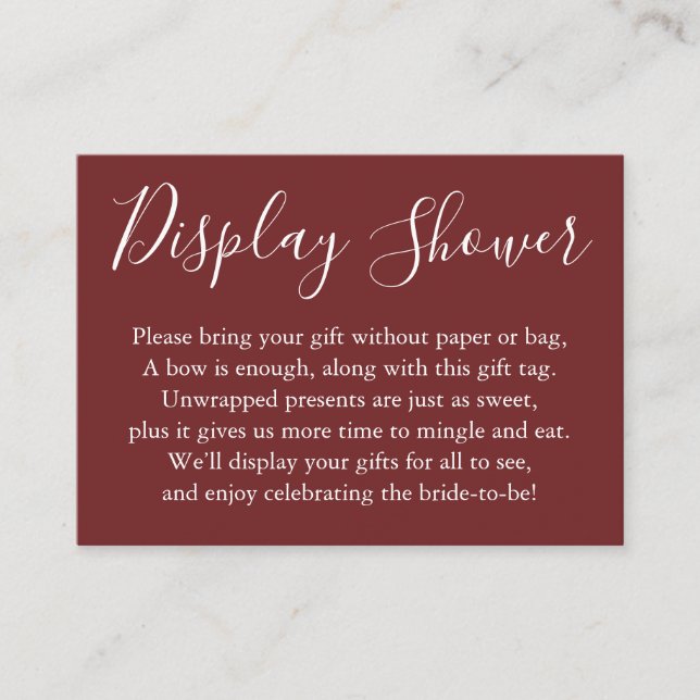 Simple Display Bridal Shower Burgundy Red Enclosure Card (Front)