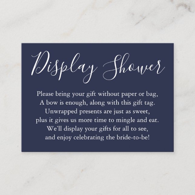 Simple Display Bridal Shower White and Navy Blue Enclosure Card (Front)