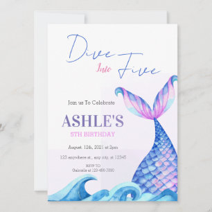 Simple Dive Into Five Mermaid 5th Birthday Party Invitation