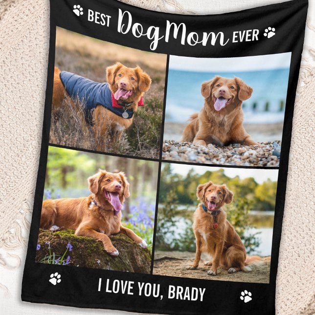 Simple DOG MOM Custom 4 Photo Collage Pictures Fleece Blanket (Creator Uploaded)