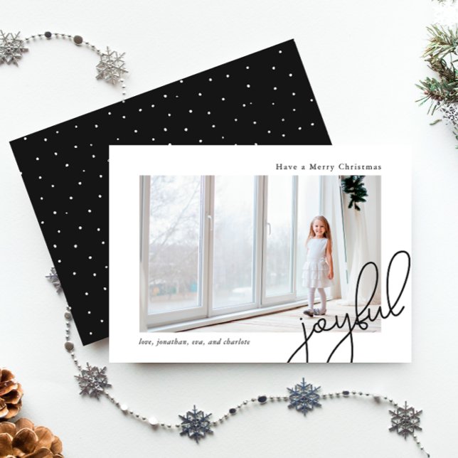 Simple Dots Black Joyful Script Elegant Photo Holiday Card (Creator Uploaded)