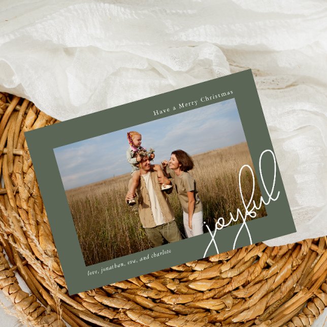 Simple Dots Green Joyful Script Elegant Photo Holiday Card (Creator Uploaded)
