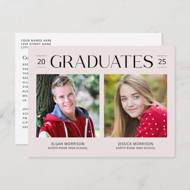 Simple Double Graduation Two Photos Blush Pink Postcard (Front/Back)