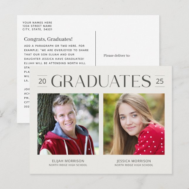 Simple Double Graduation Two Photos Cream & Grey Postcard (Front/Back)