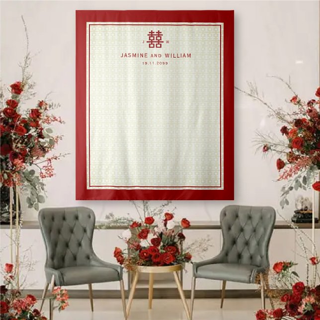 Simple Double Happiness Chinese Wedding Backdrop Tapestry (Simple Double Happiness Chinese Wedding Backdrop @ fatfatin_red_knot)