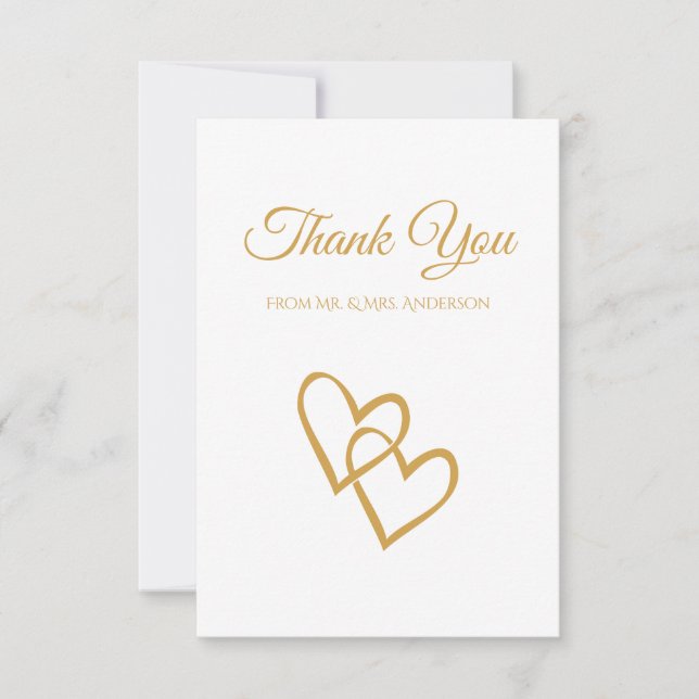 Simple Double Heart Gold Wedding Thank You Invitation (Front)