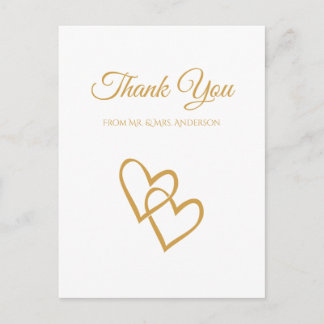Simple Double Heart Gold Wedding Thank You Postcard