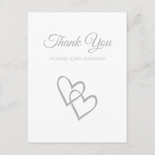 Simple Double Heart Grey Wedding Thank You Postcard