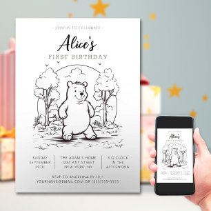 Simple Drawing Little Bear Baby Birthday Invitation