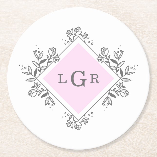 Simple Drawn Floral Pink Round Paper Coaster (Front)