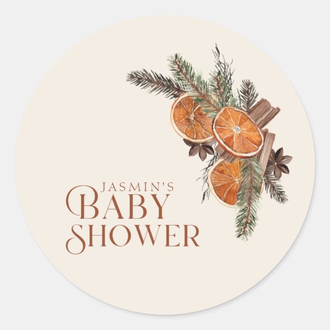 Simple Dried Orange Slices & Cinnamon Baby Shower Classic Round Sticker (Front)