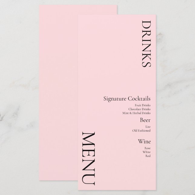 Simple Drinks Cocktail Wine Wedding  Pink Menu (Front/Back)