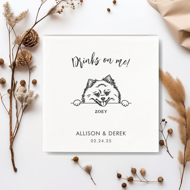 Simple Drinks on Me Cute Pomeranian Dog Wedding Napkin (Creator Uploaded)