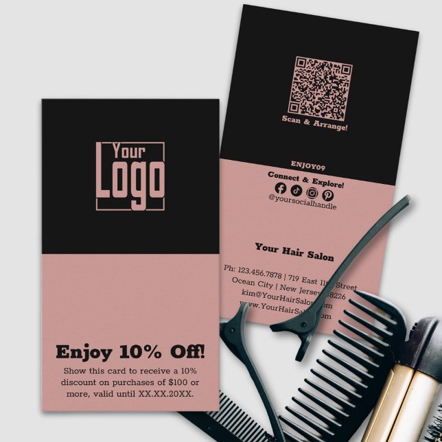 Simple Dual-Tone Hairstylist 10% Off  Discount Card (Simple Dual-Tone Hairstylist 10% Off Discount Card, Square Logo, QR code, Tracking, Social,)