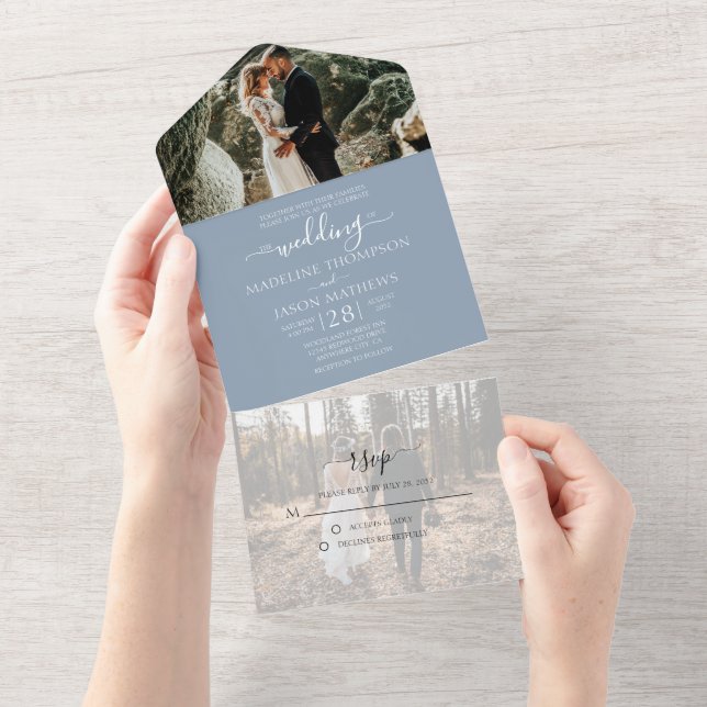 Simple Dusty Blue 2 Photo RSVP Wedding All In One Invitation (Tearaway)