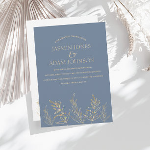 Simple Dusty Blue and Gold Leaves Wedding Invitation
