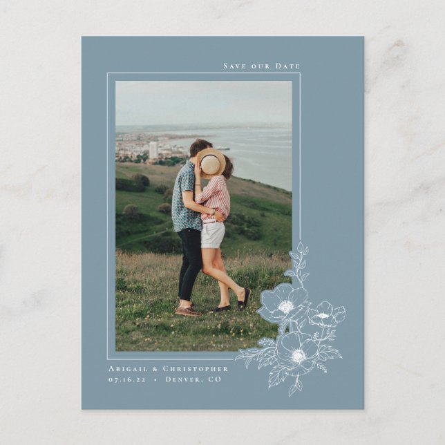 Simple Dusty Blue Anemone Art Floral Save the Date Announcement Postcard (Front)