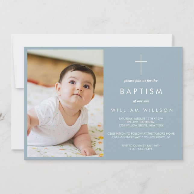 Simple Dusty Blue Baptism photo  Invitation (Front)
