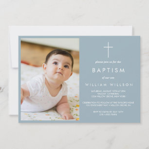 Simple Dusty Blue Baptism photo  Invitation