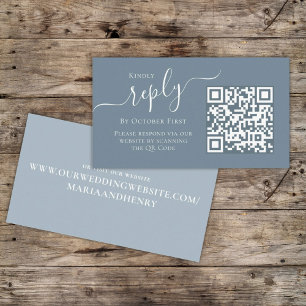 Simple Dusty Blue Calligraphy Reply QR Code Online Enclosure Card
