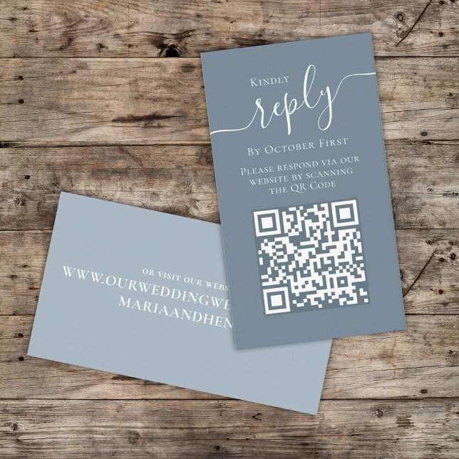 Simple Dusty Blue Calligraphy Reply QR Code RSVP Enclosure Card (Creator Uploaded)