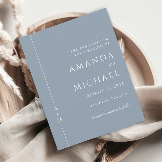 Simple Dusty Blue Classic Monogram Save the Date (Creator Uploaded)