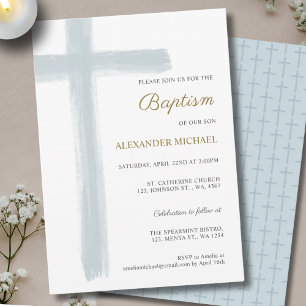 Simple Dusty Blue Cross Boy Baptism Invitation