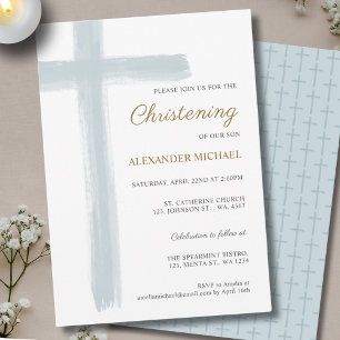 Simple Dusty Blue Cross Boy Christening Baptism Invitation