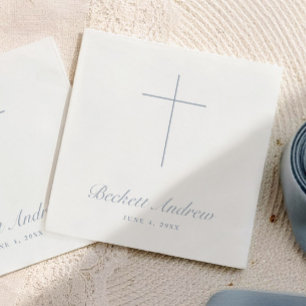 Simple Dusty Blue Cross Script Baptism Napkin