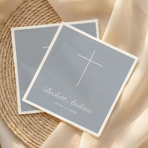 Simple Dusty Blue Cross Script Baptism Napkin