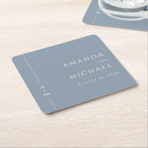 Simple Dusty Blue Elegant Classic Monogram Wedding Square Paper Coaster