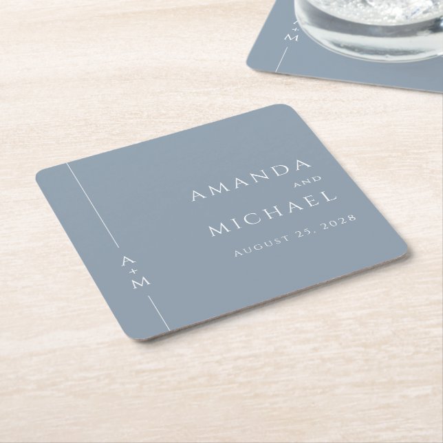 Simple Dusty Blue Elegant Classic Monogram Wedding Square Paper Coaster (Angled)